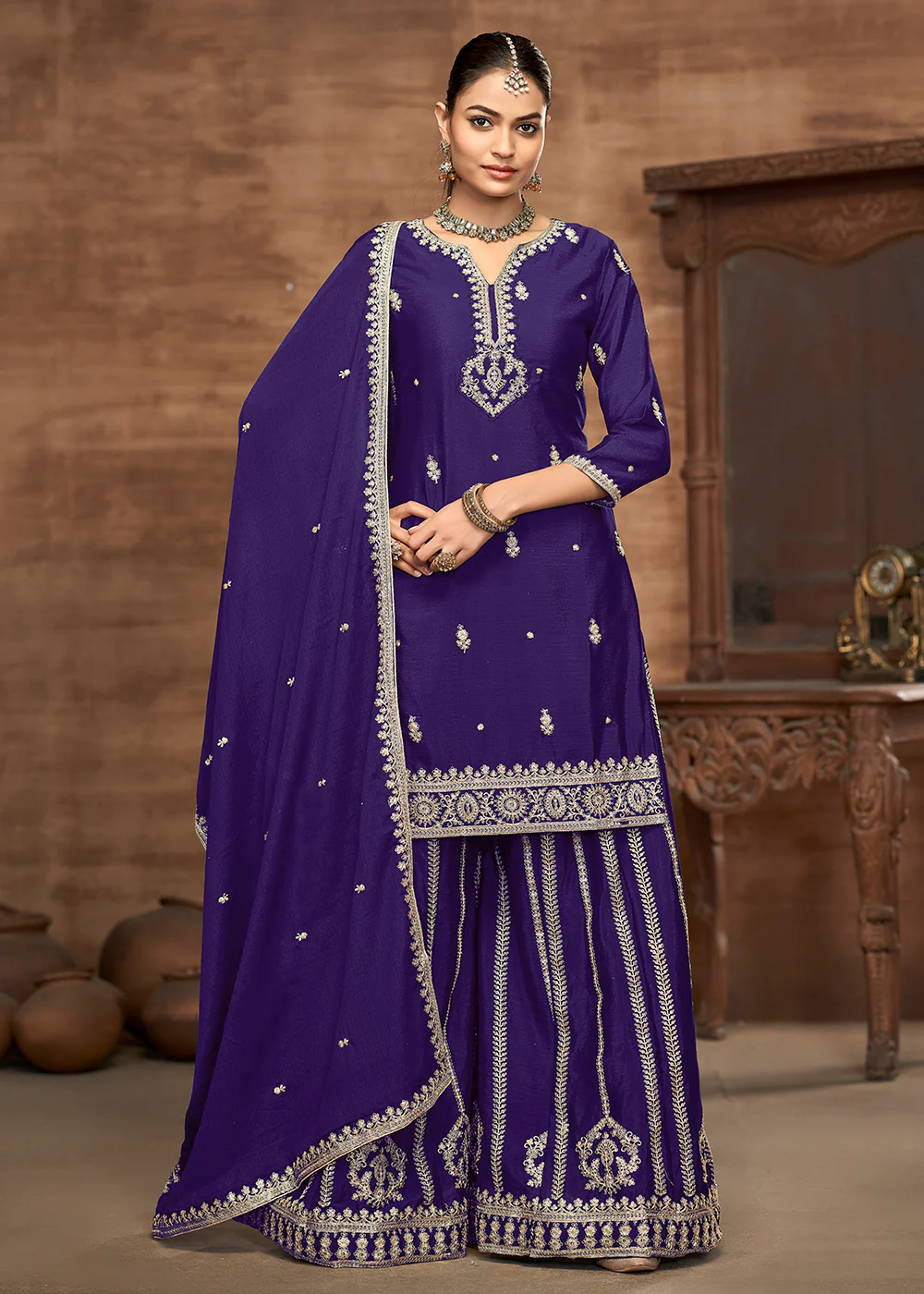 Purple Chinnon Embroidered Wedding Festive Palazzo Suit - Image 4