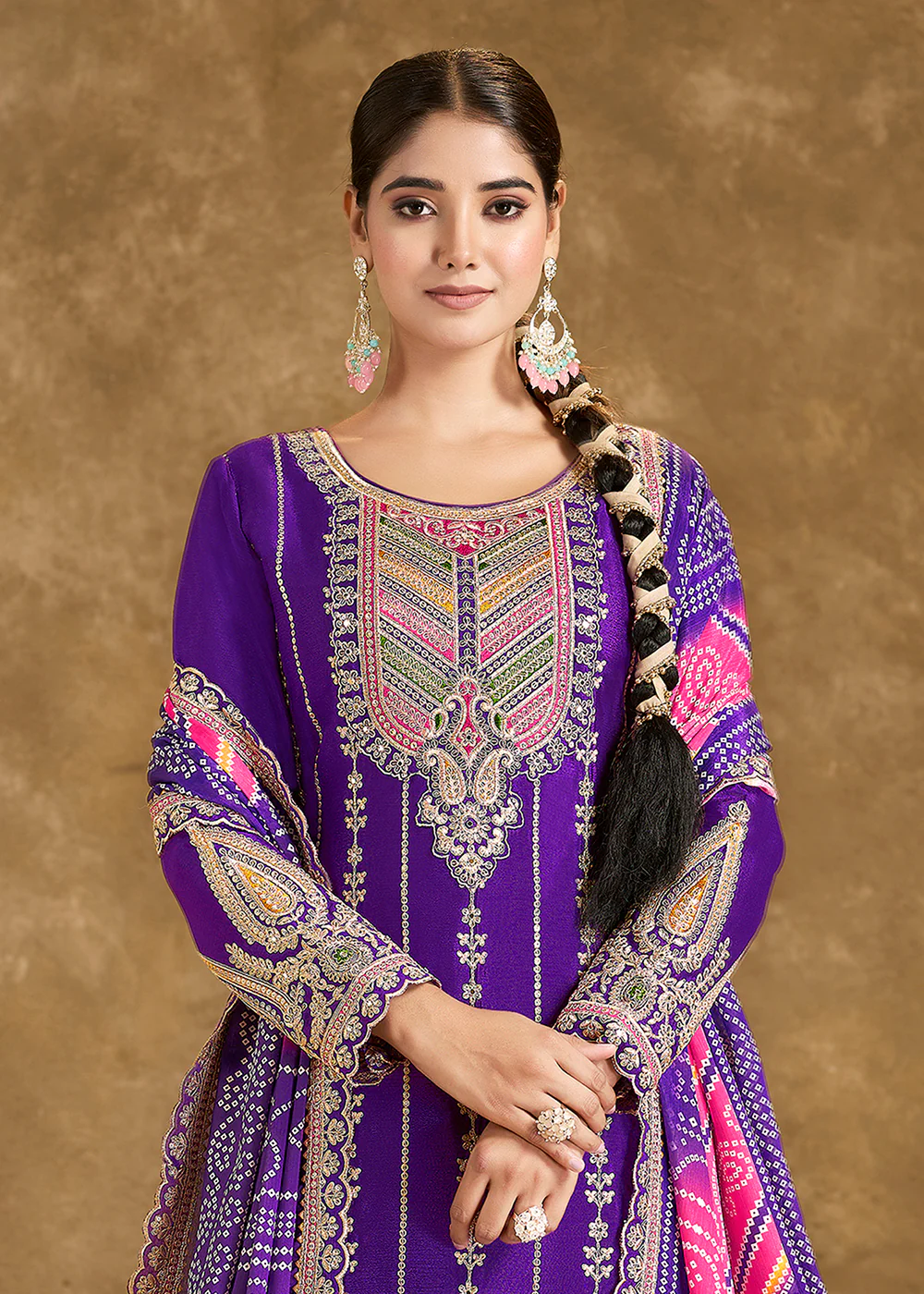Purple Chinnon Punjabi Style Dhoti Style Salwar Suit - Image 2