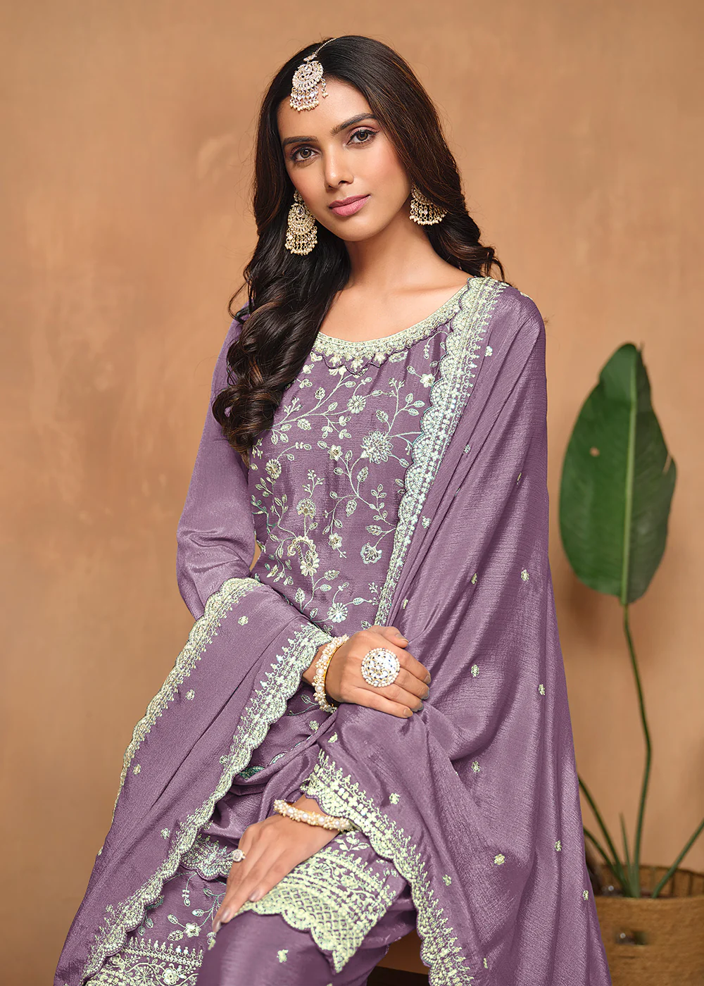 Purple Chinnon Resham & Sequins Embroidered Palazzo Suit - Image 2