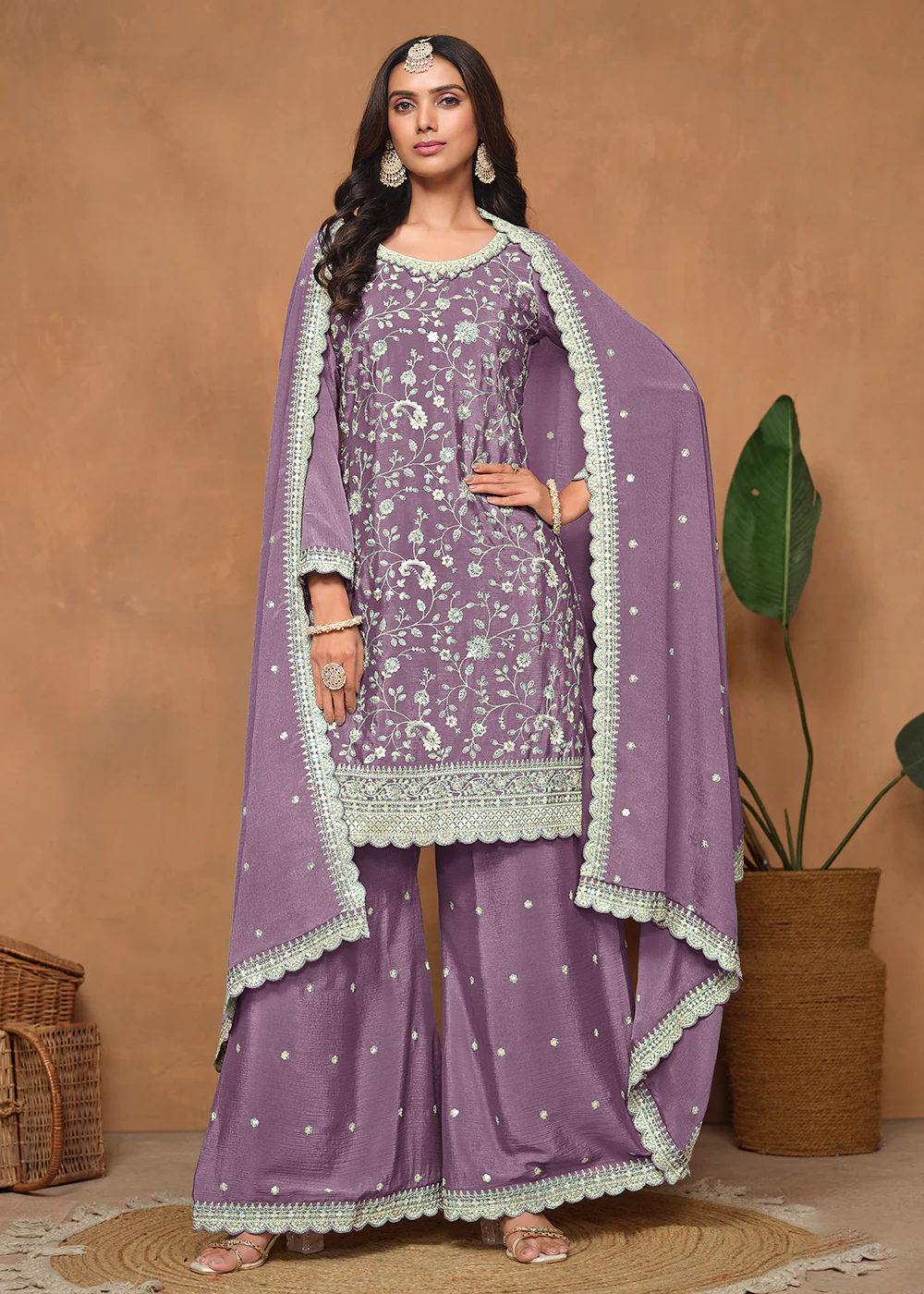 Purple Chinnon Resham & Sequins Embroidered Palazzo Suit - Image 3