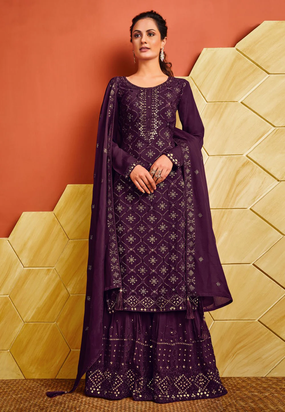 Purple Chinnon Sequins Embroidered Palazzo Suit