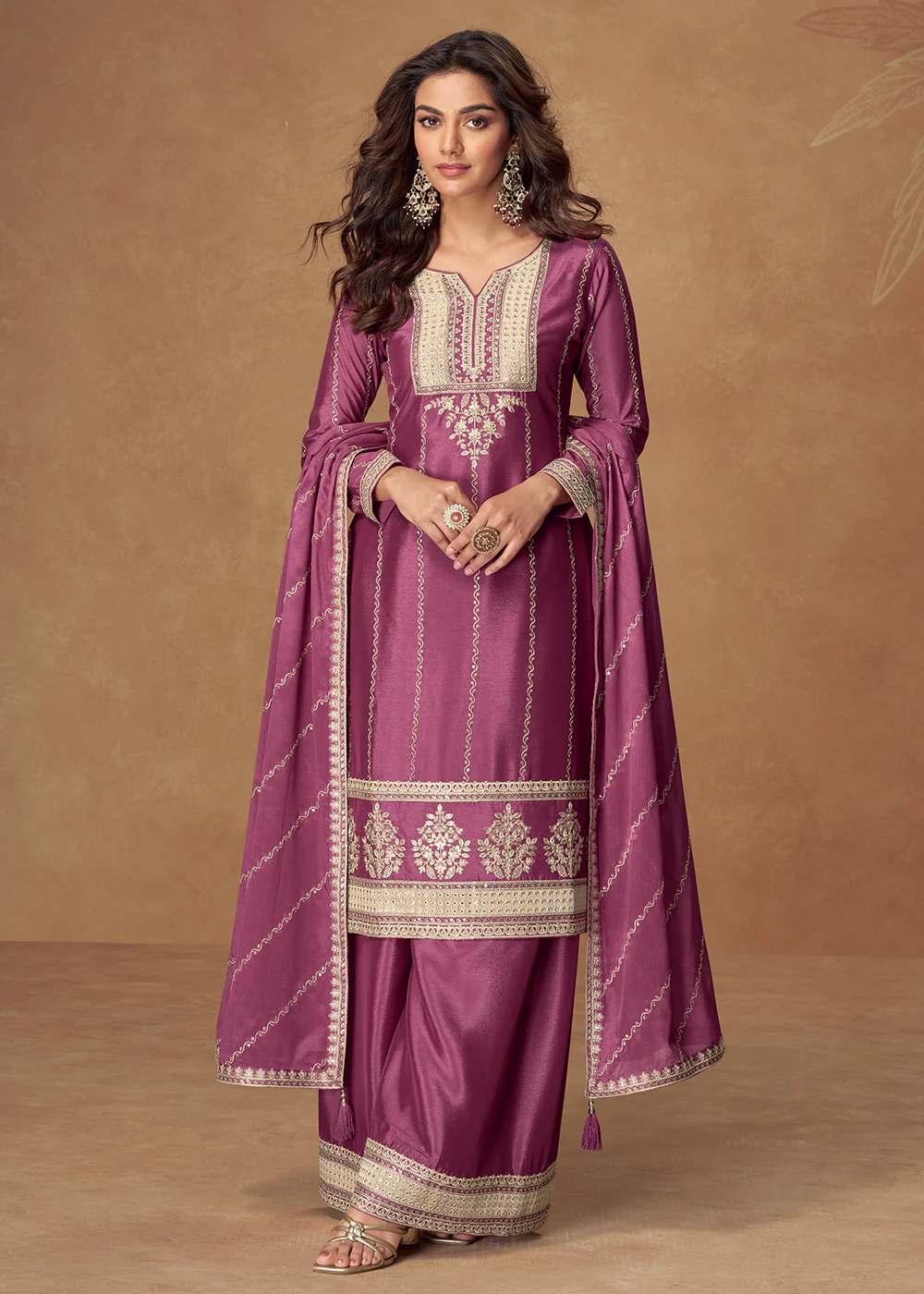 Purple Chinnon Silk Embroidered Wedding Wear Suit