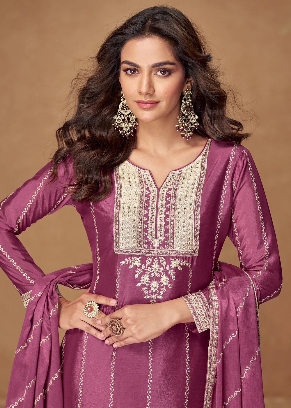 Purple Chinnon Silk Embroidered Wedding Wear Suit - Image 2