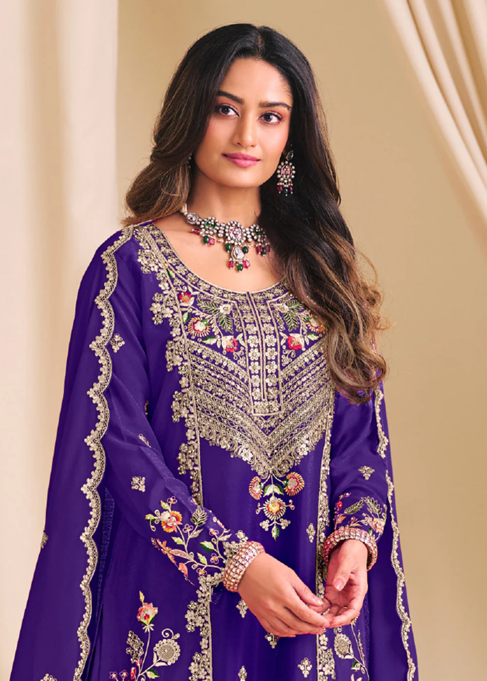 Purple Chinnon Silk Festive Flared Palazzo Suit - Image 2