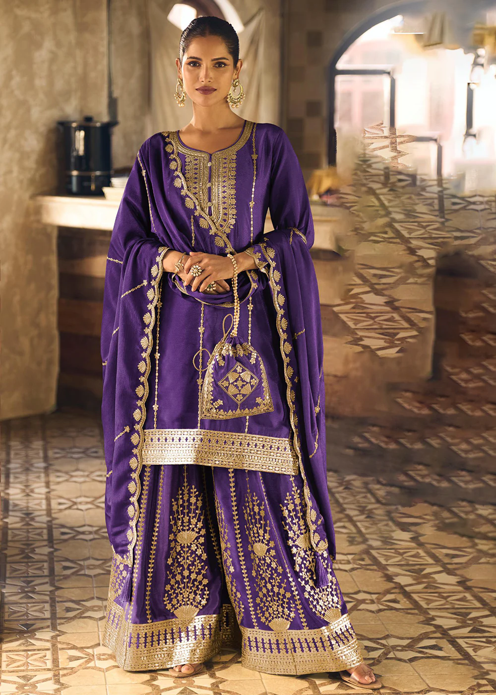 Purple Chinnon Silk Function & Festive Palazzo Suit