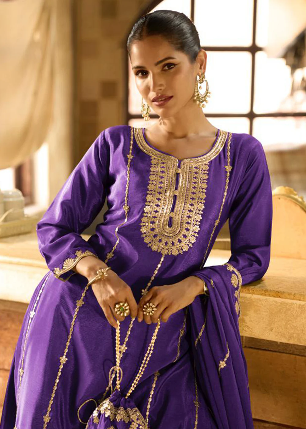 Purple Chinnon Silk Function & Festive Palazzo Suit - Image 2