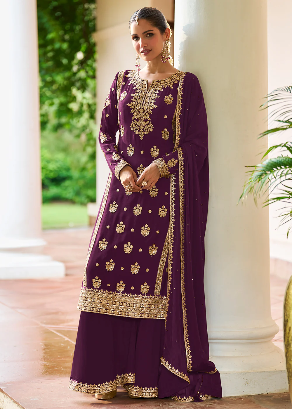 Purple Chinnon Silk Sequins Work Ethnic Palazzo Suit