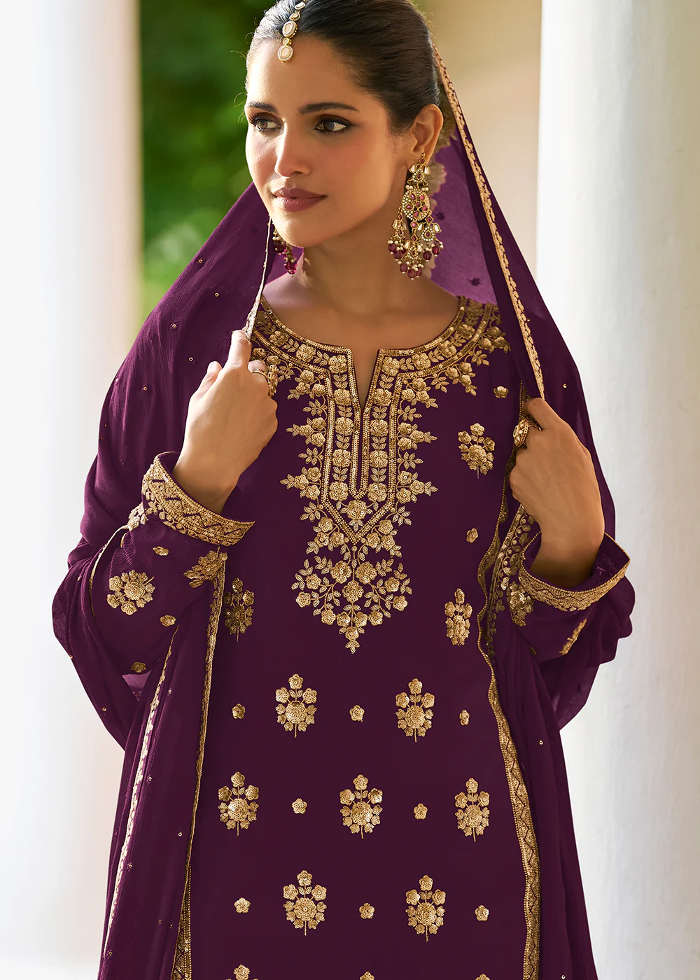 Purple Chinnon Silk Sequins Work Ethnic Palazzo Suit - Image 2