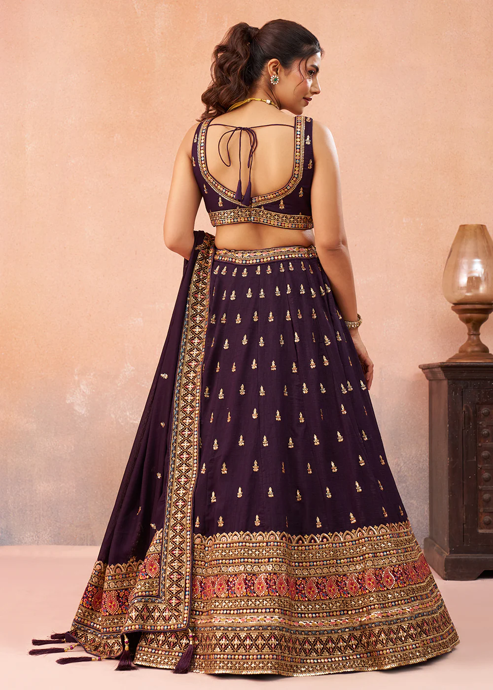 Purple Chinnon Silk Sequins & Zari Festive Lehenga Choli - Image 3