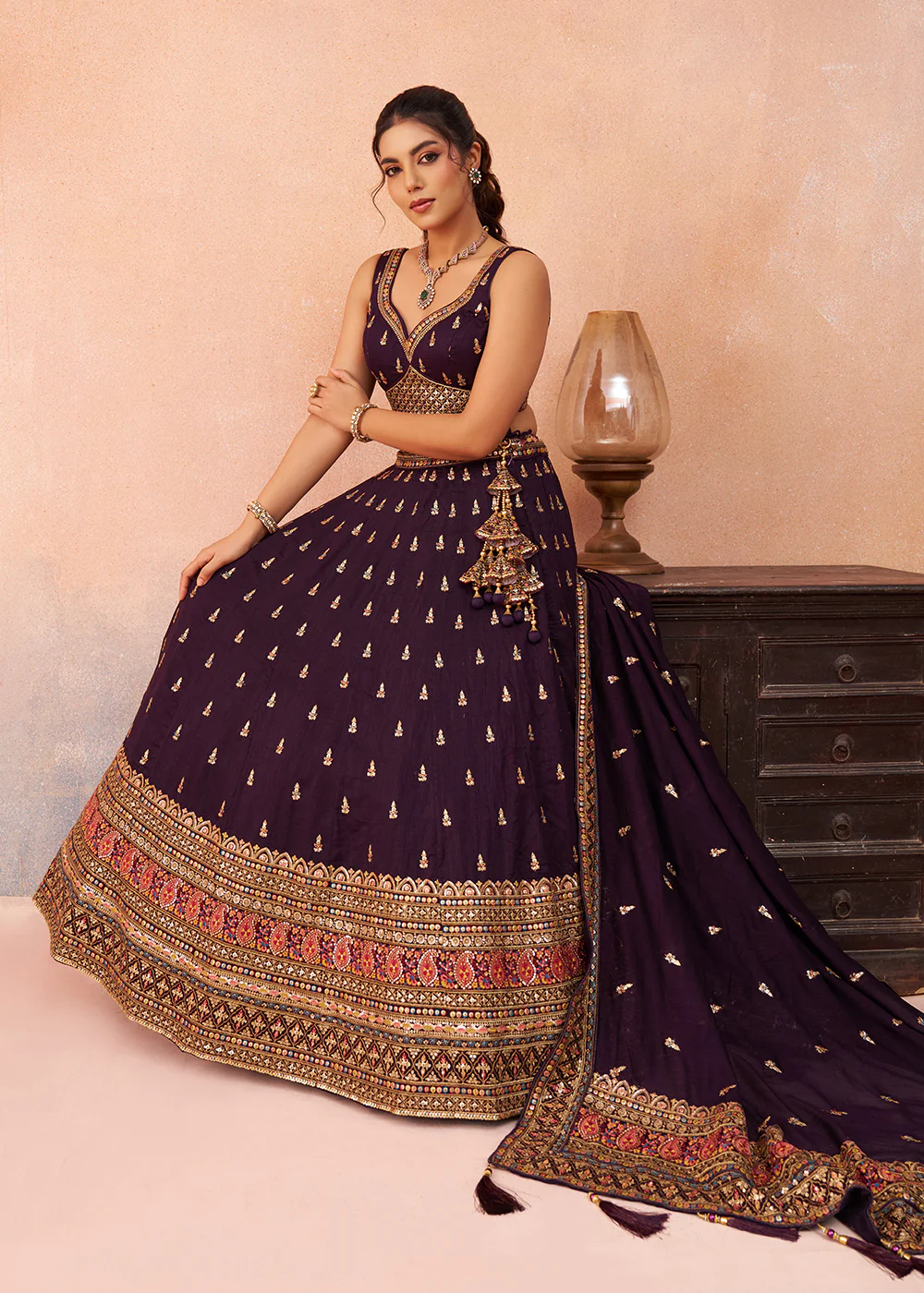 Purple Chinnon Silk Sequins & Zari Festive Lehenga Choli - Image 4