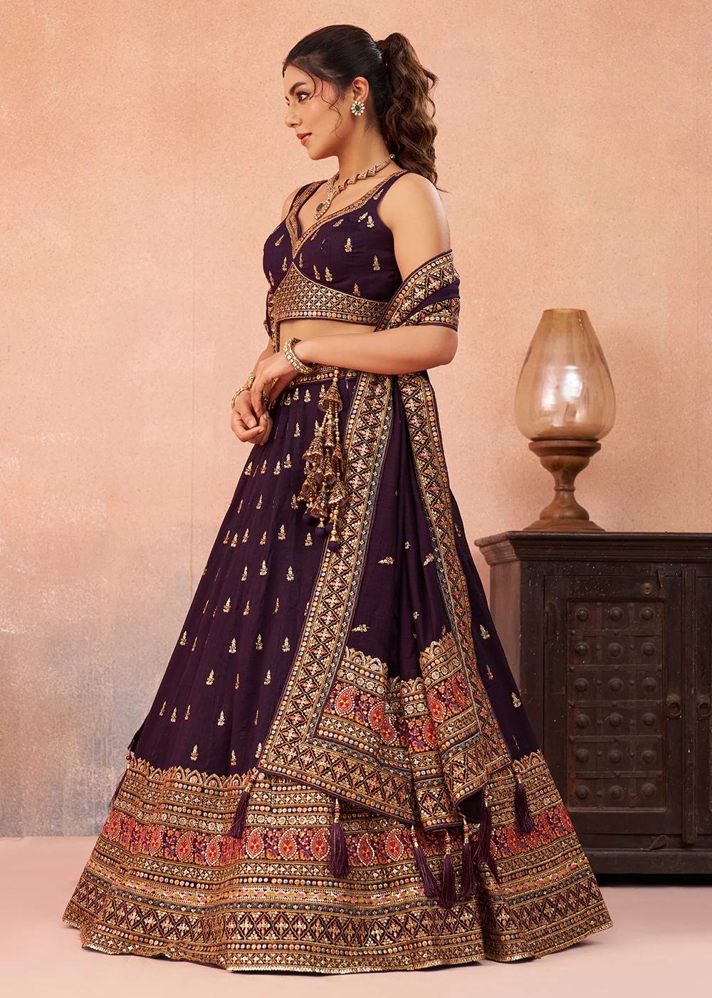 Purple Chinnon Silk Sequins & Zari Festive Lehenga Choli - Image 5