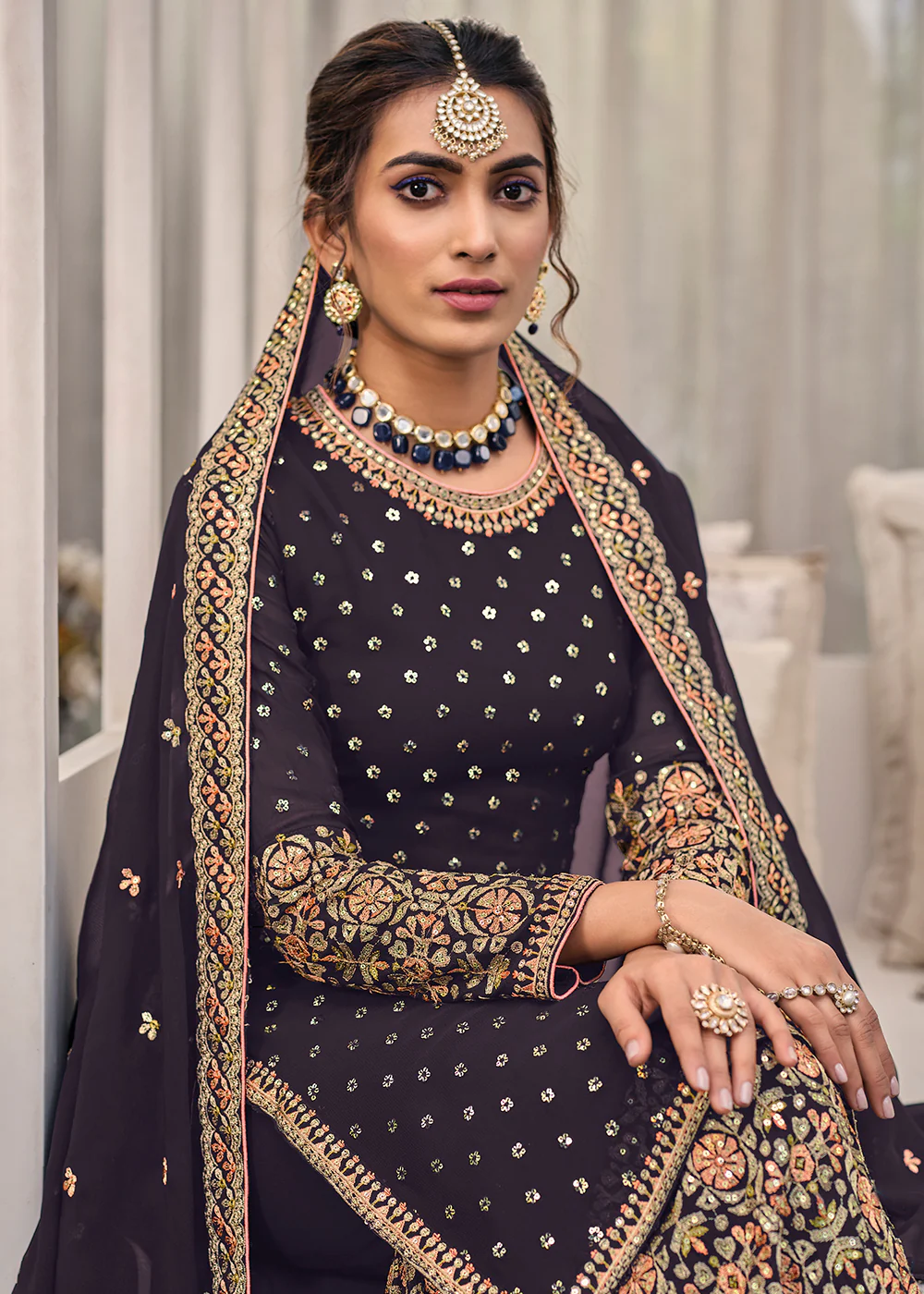 Purple Chinon & Georgette Designer Palazzo Salwar Suit - Image 2