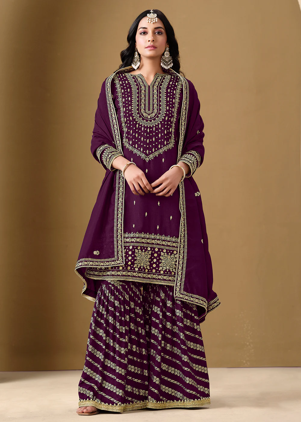 Purple Color Embroidered Art Silk Gharara Style Suit