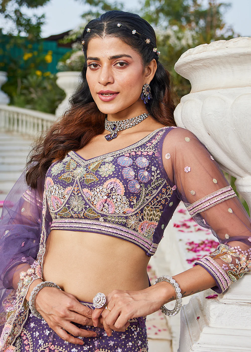 Purple Cording & Sequins Embroidered Net Lehenga Choli - Image 2