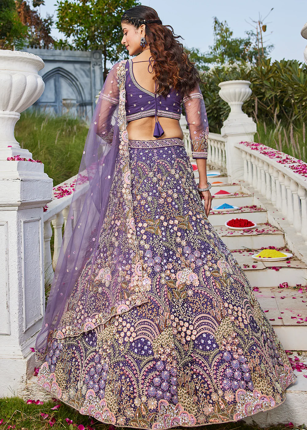 Purple Cording & Sequins Embroidered Net Lehenga Choli - Image 3