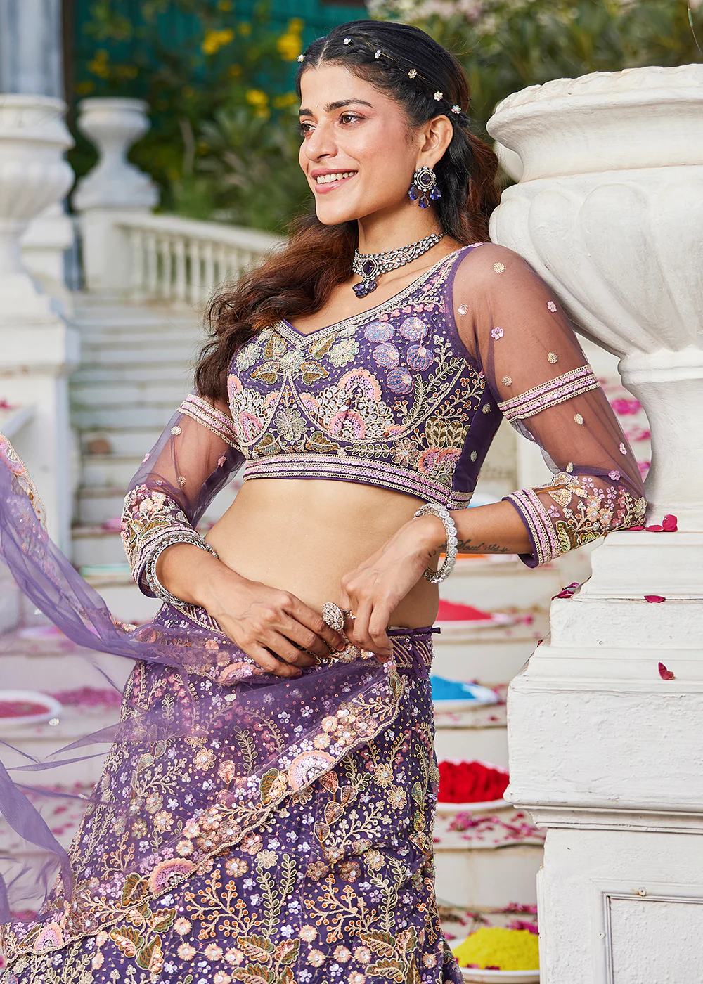 Purple Cording & Sequins Embroidered Net Lehenga Choli - Image 4