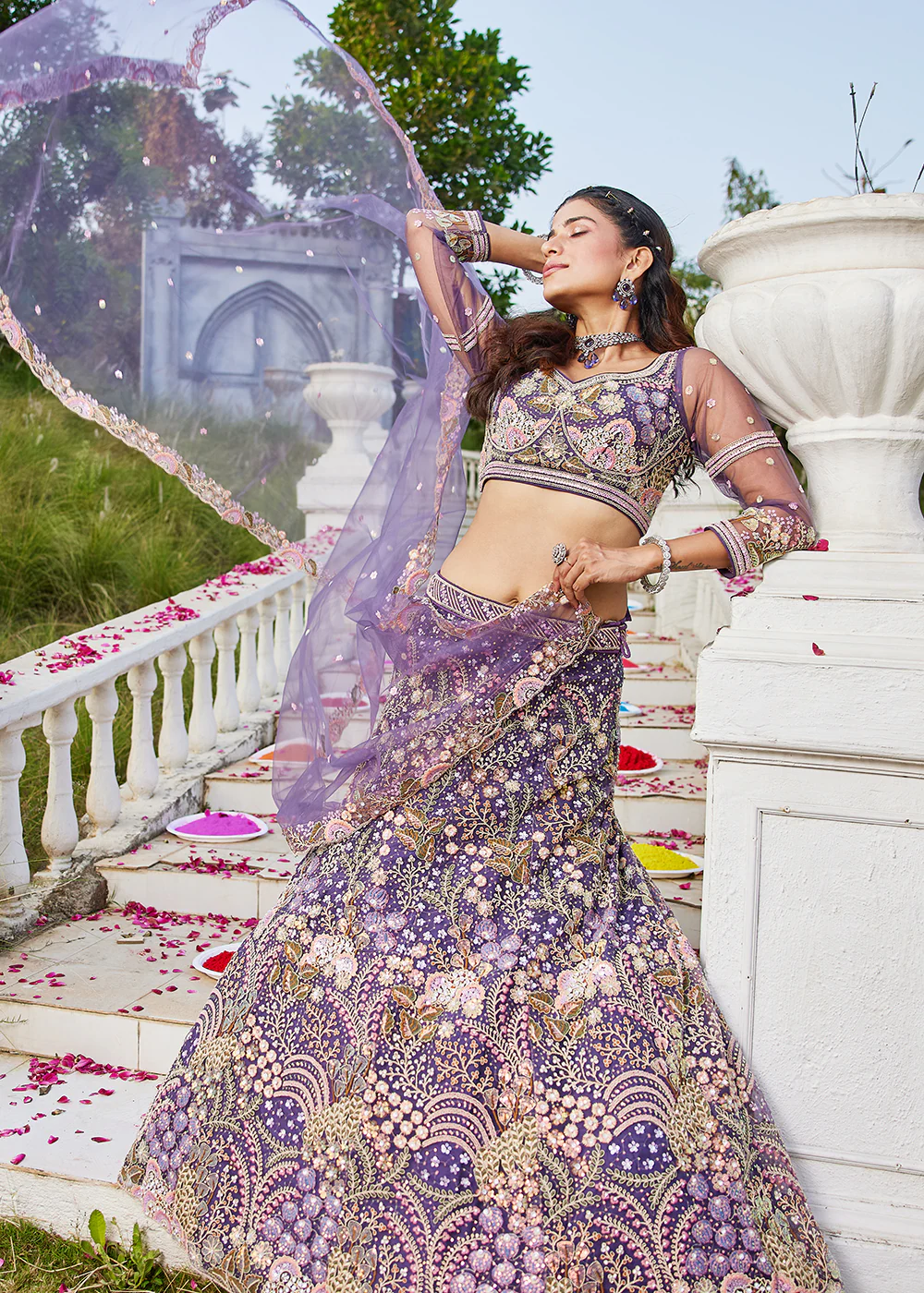 Purple Cording & Sequins Embroidered Net Lehenga Choli - Image 6