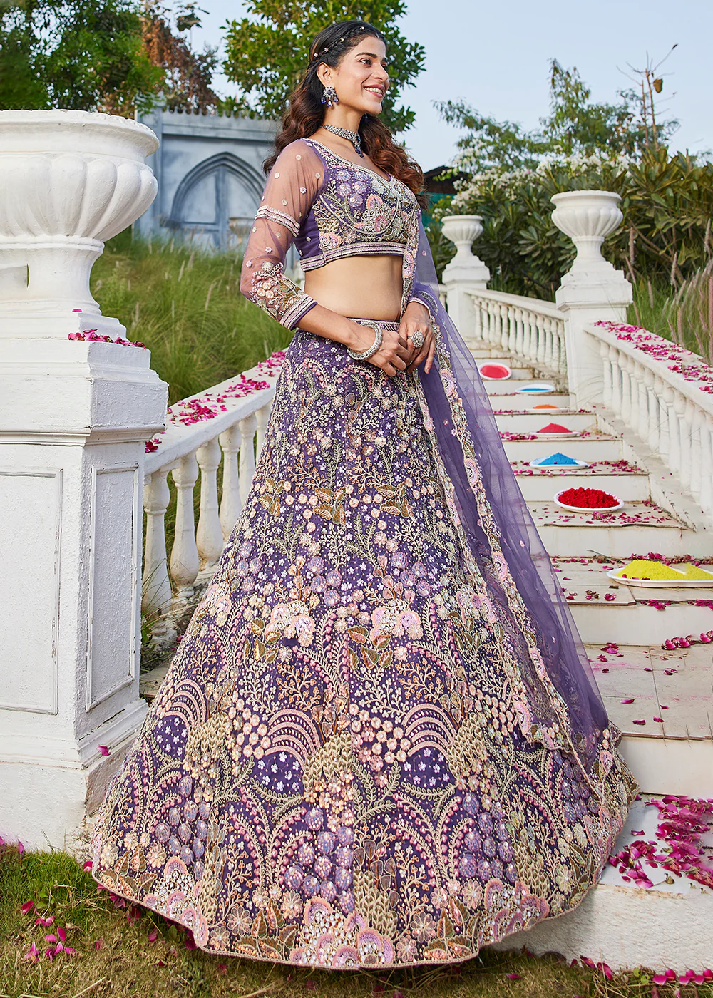 Purple Cording & Sequins Embroidered Net Lehenga Choli - Image 7