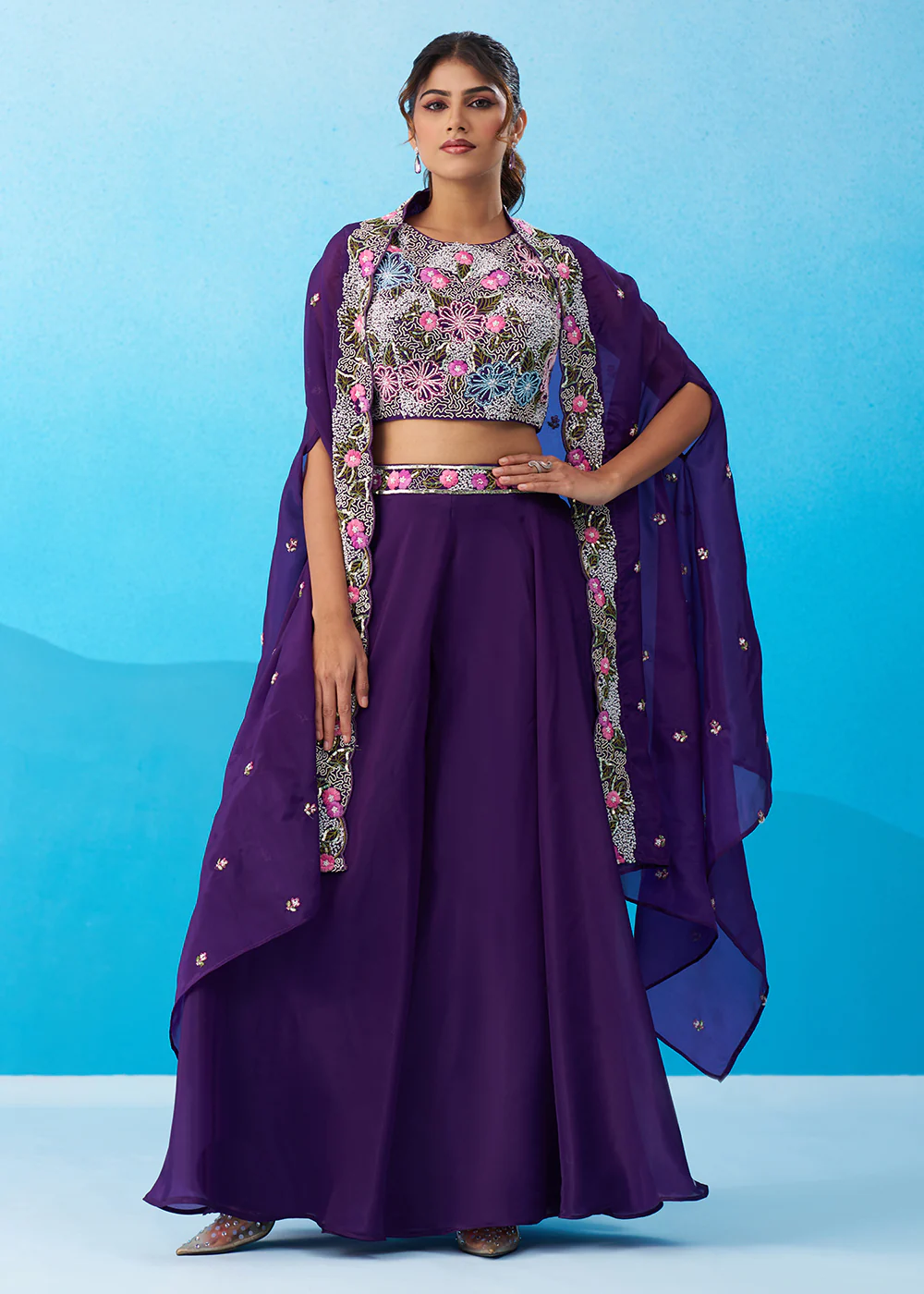 Purple Crepe Material Flared Palazzo Set with Flared Cape