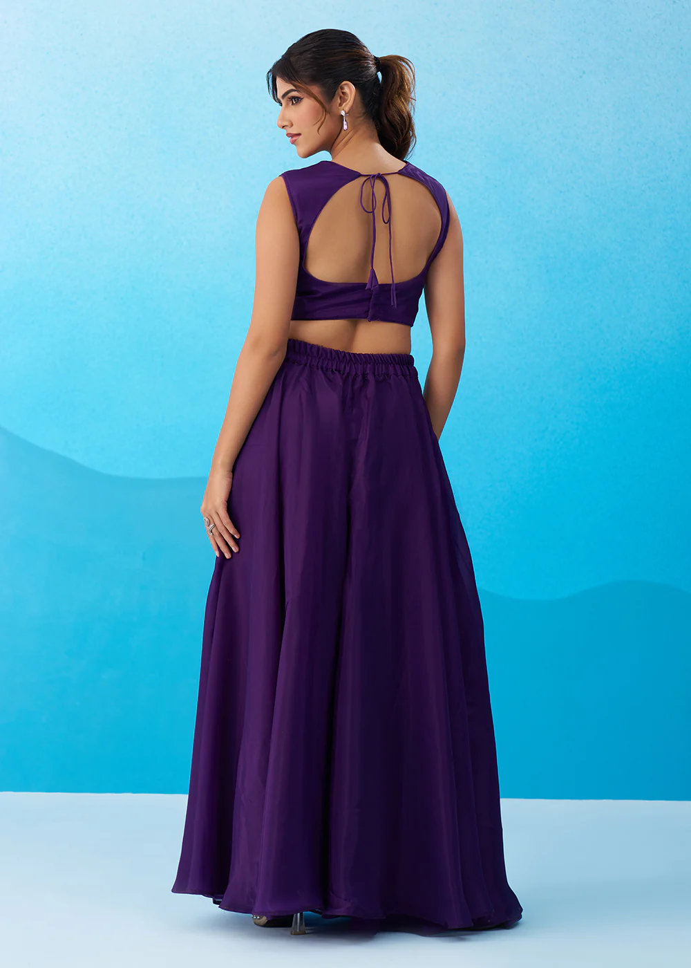 Purple Crepe Material Flared Palazzo Set with Flared Cape - Image 3