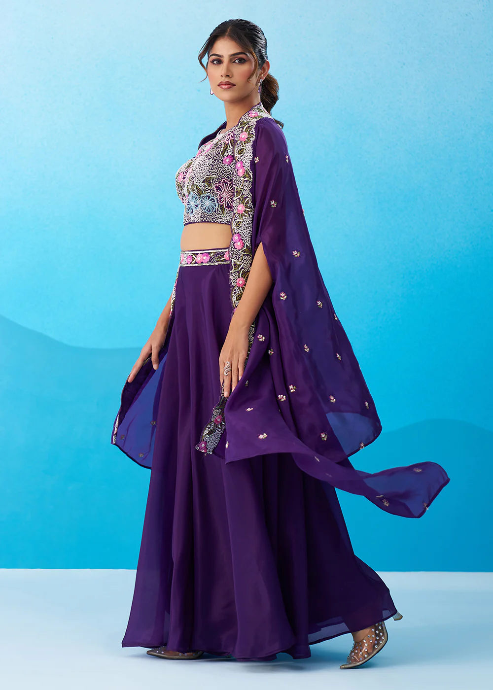 Purple Crepe Material Flared Palazzo Set with Flared Cape - Image 4