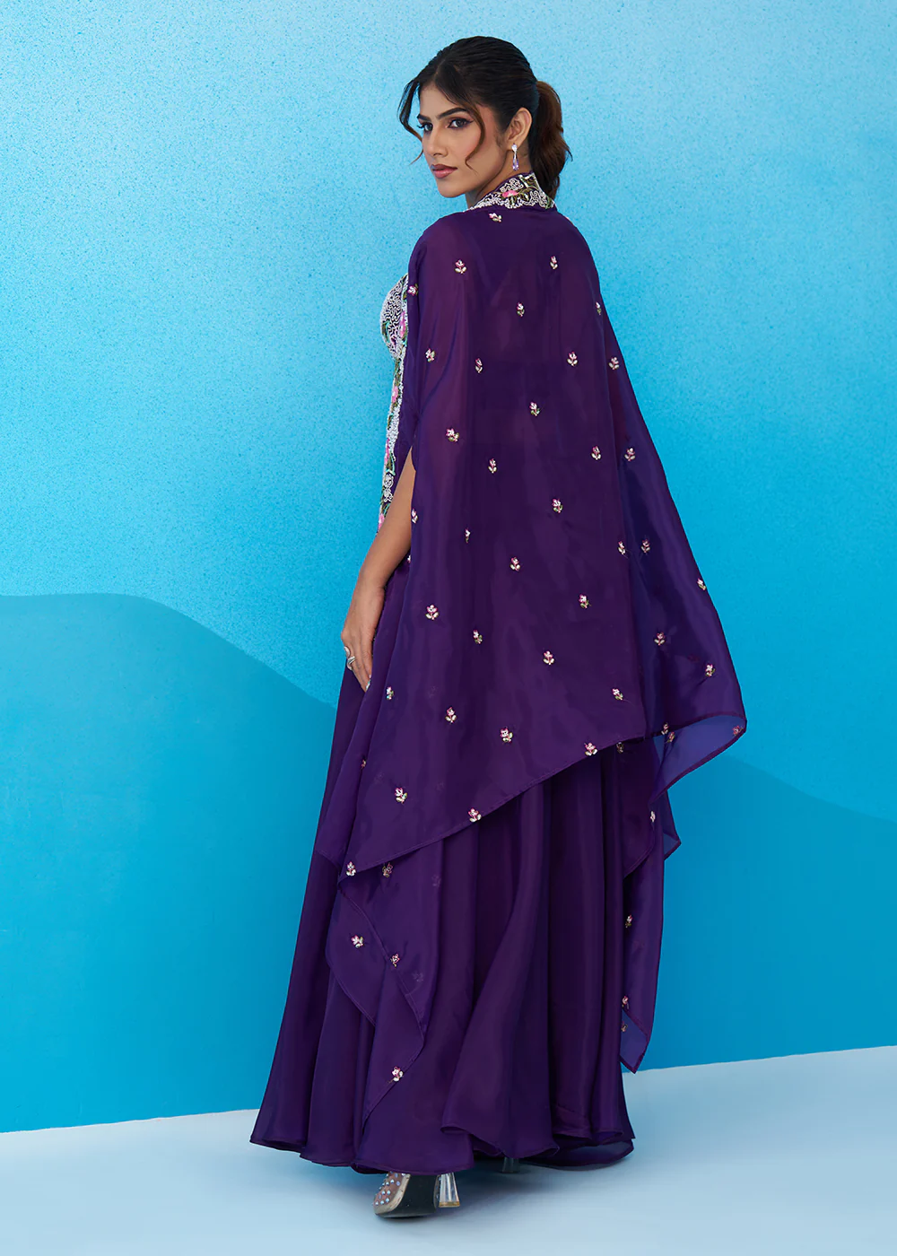 Purple Crepe Material Flared Palazzo Set with Flared Cape - Image 5