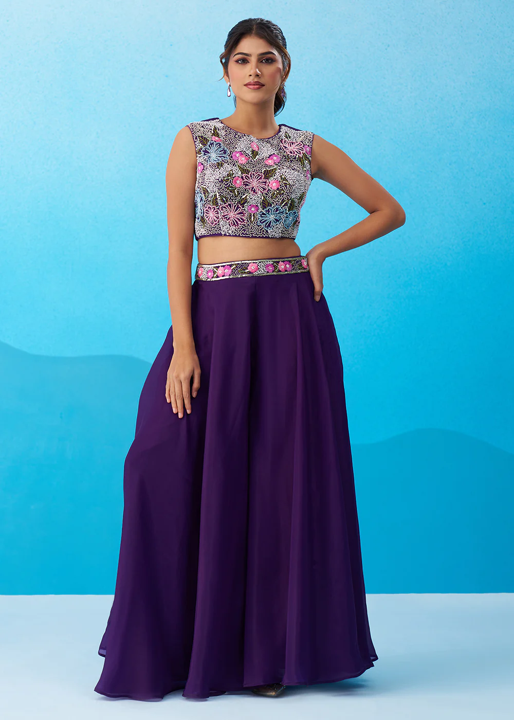 Purple Crepe Material Flared Palazzo Set with Flared Cape - Image 6