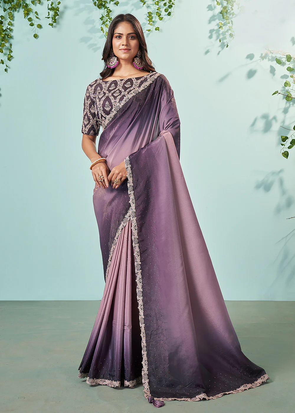 Purple Crepe Silk Embroidered Designer Saree