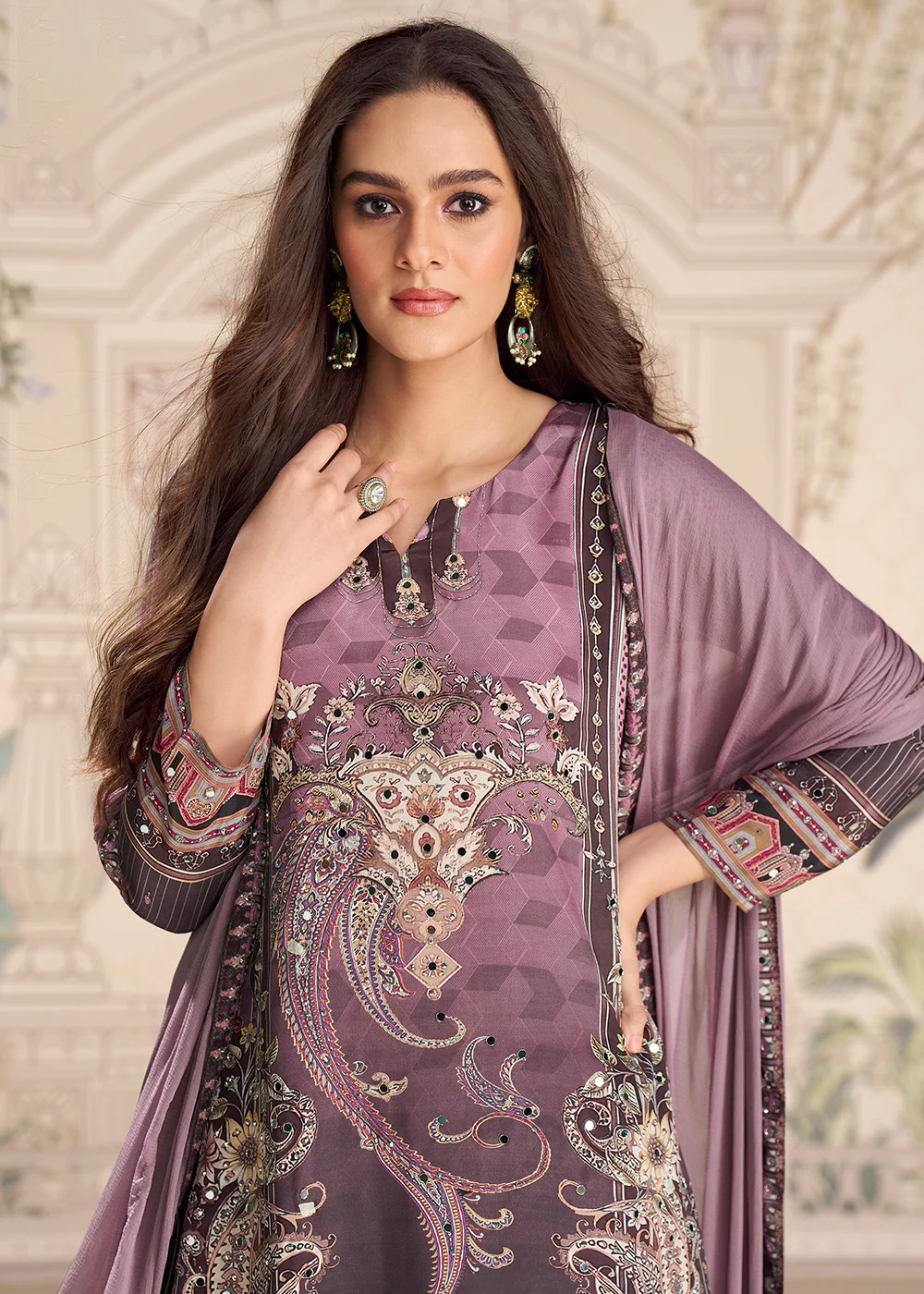 Purple Crepe Silk Stylist Mirror Work Gharara Suit - Image 2