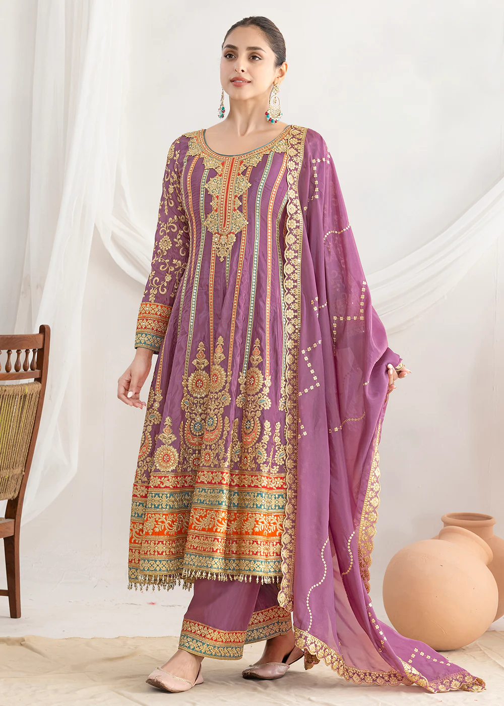 Purple Dabka Dori & Mirror Anarkali Style Pant Suit