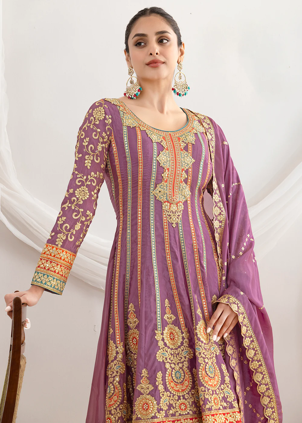 Purple Dabka Dori & Mirror Anarkali Style Pant Suit - Image 2
