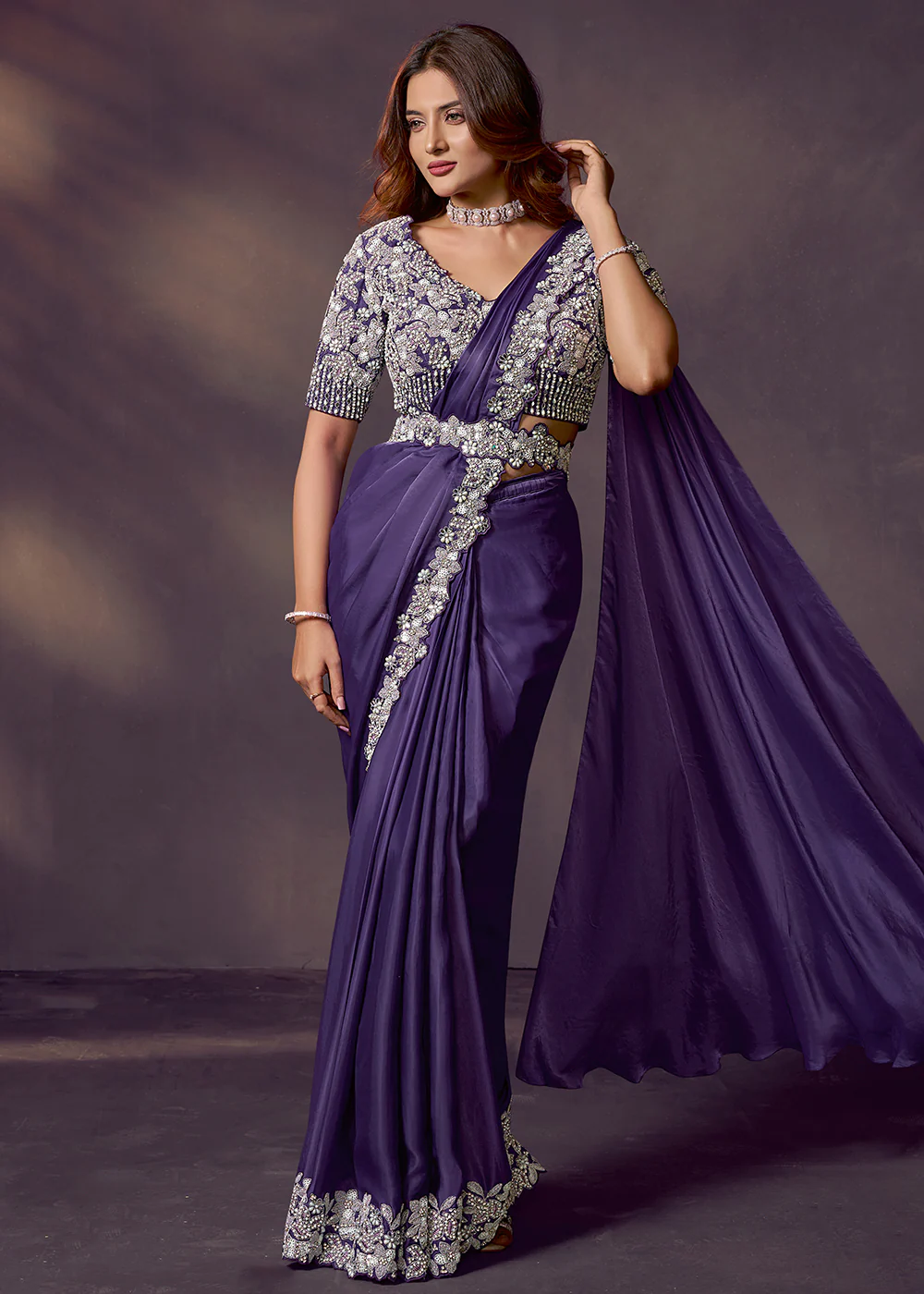 Purple Designer Party Style Pre Draped Saree