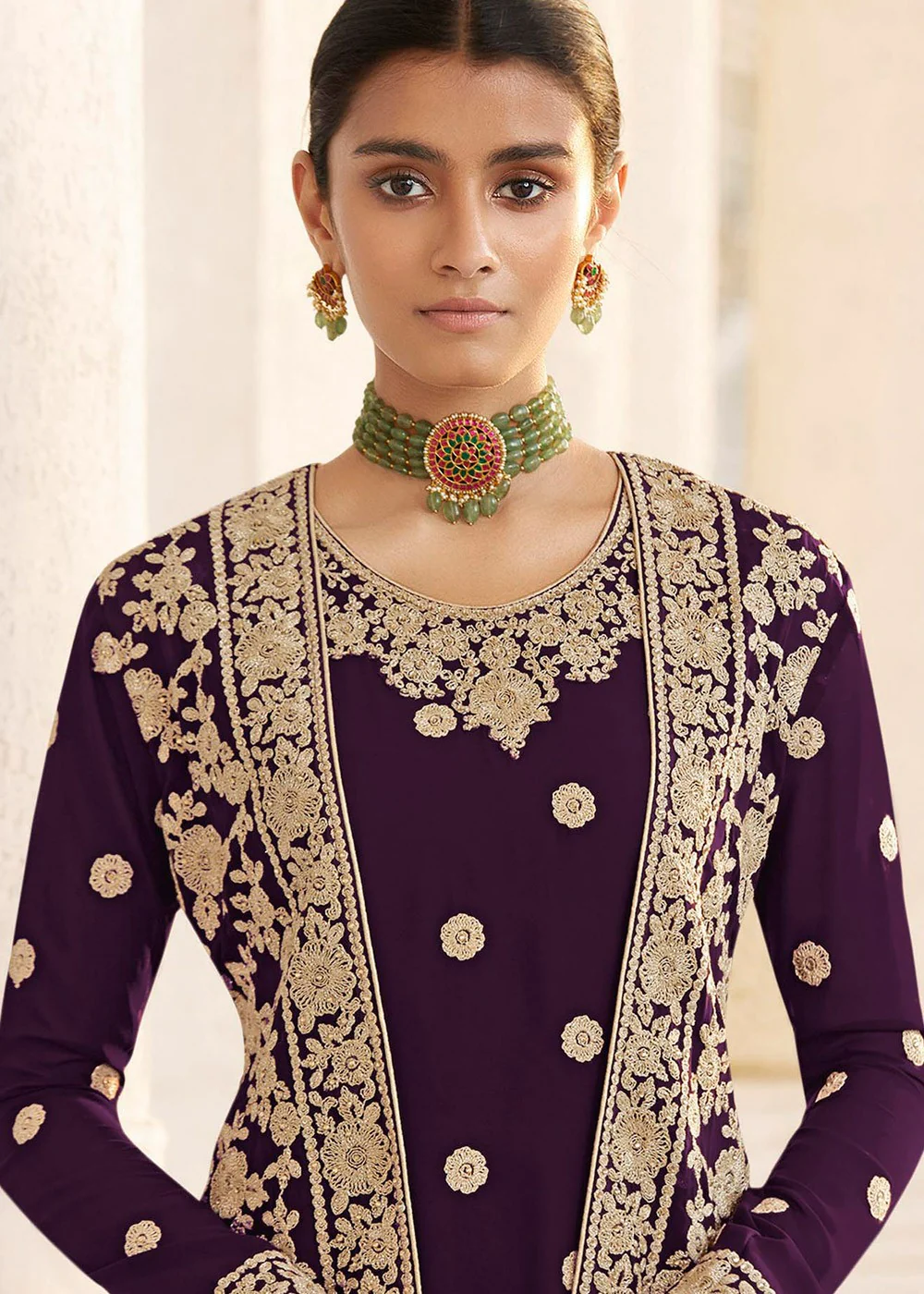 Purple Designer Georgette Embroidered Jacket Style Suit - Image 2