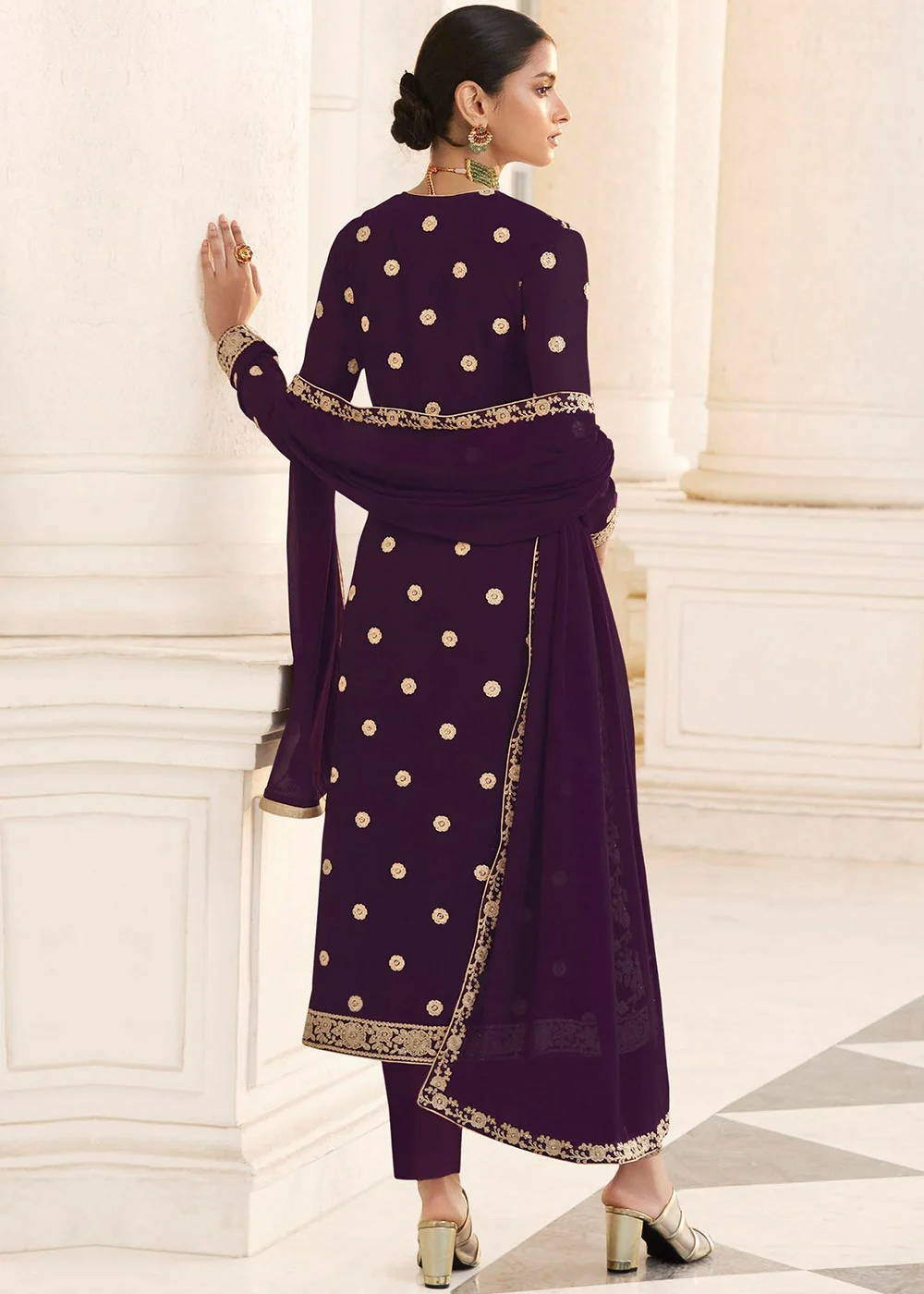 Purple Designer Georgette Embroidered Jacket Style Suit - Image 3