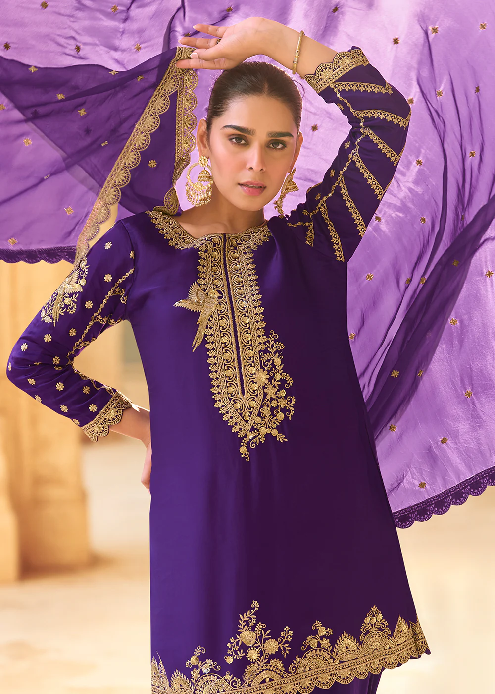 Purple Dhoti Style Crepe Silk Ethnic Wear Dress - Image 2