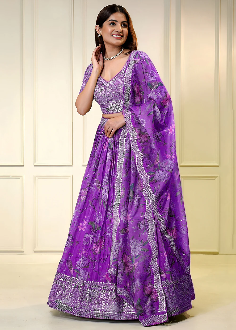 Purple Digital Floral Printed Organza Lehenga Choli