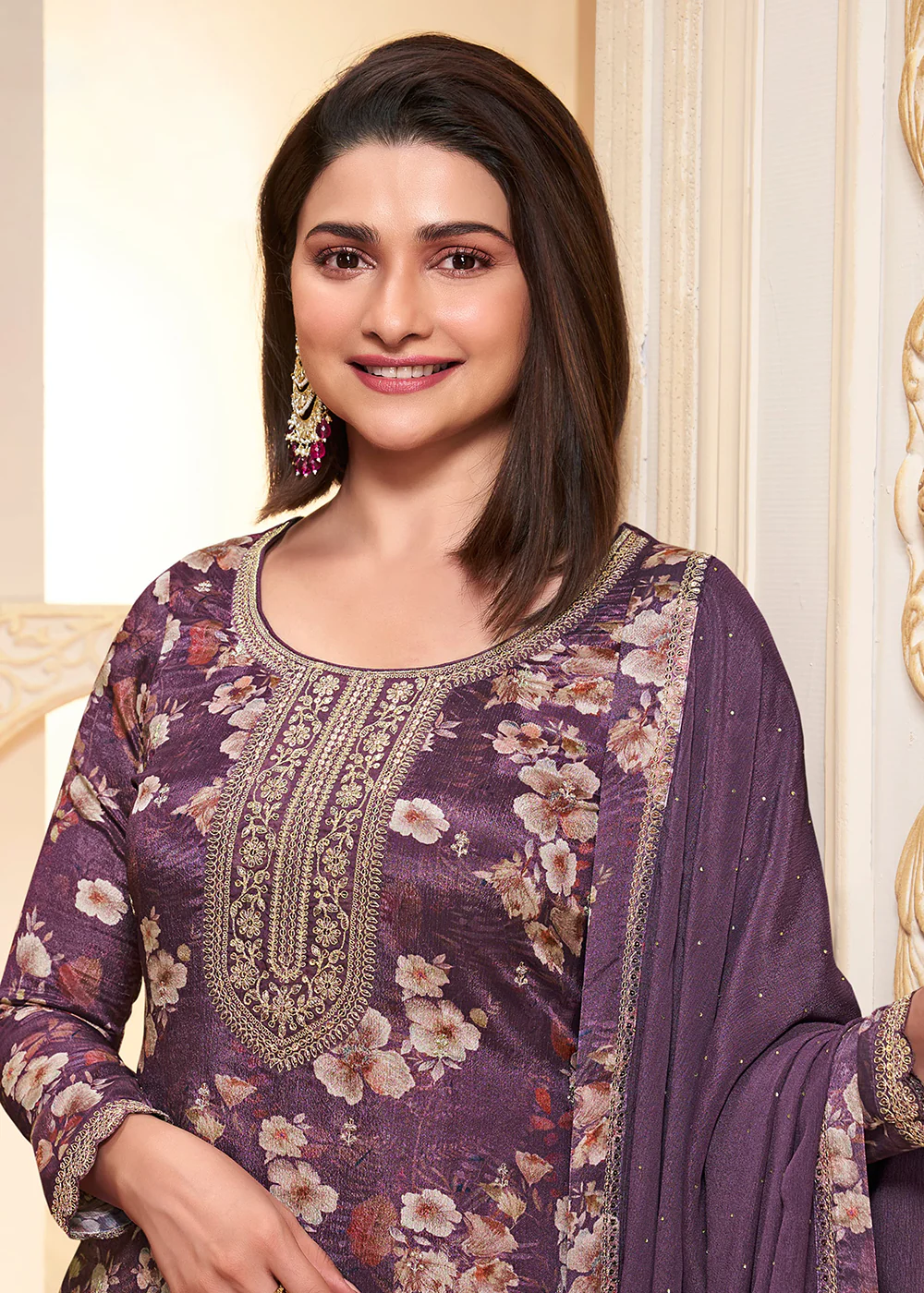 Purple Digital Printed Chinnon Festive Salwar Kameez - Image 2