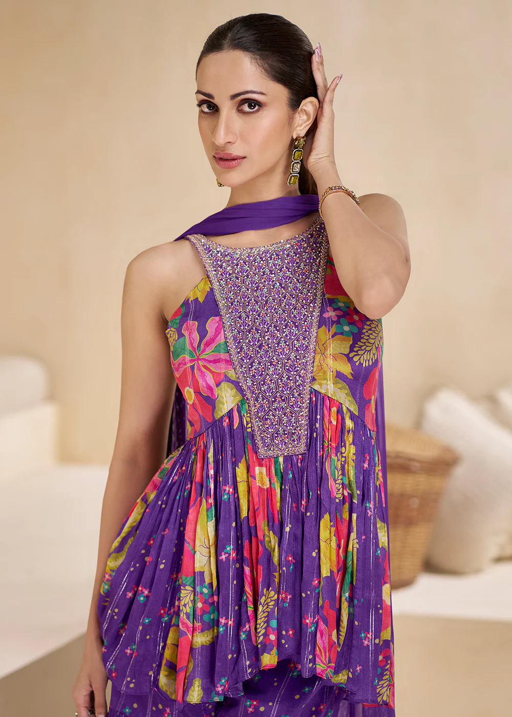 Purple Digital Printed & Embroidered Party Style Sharara Suit - Image 2