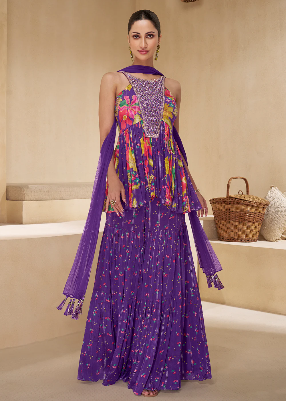 Purple Digital Printed & Embroidered Party Style Sharara Suit - Image 3