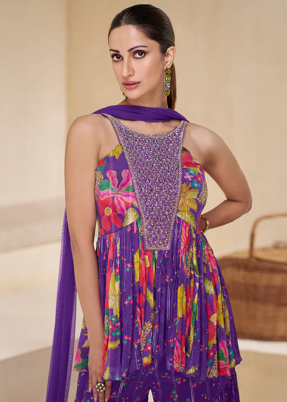 Purple Digital Printed & Embroidered Party Style Sharara Suit - Image 4