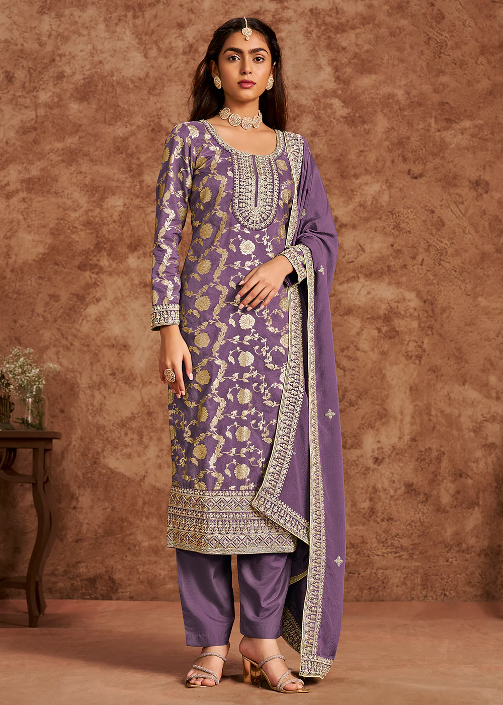 Purple Dola Silk Jacquard Festive Salwar Kameez