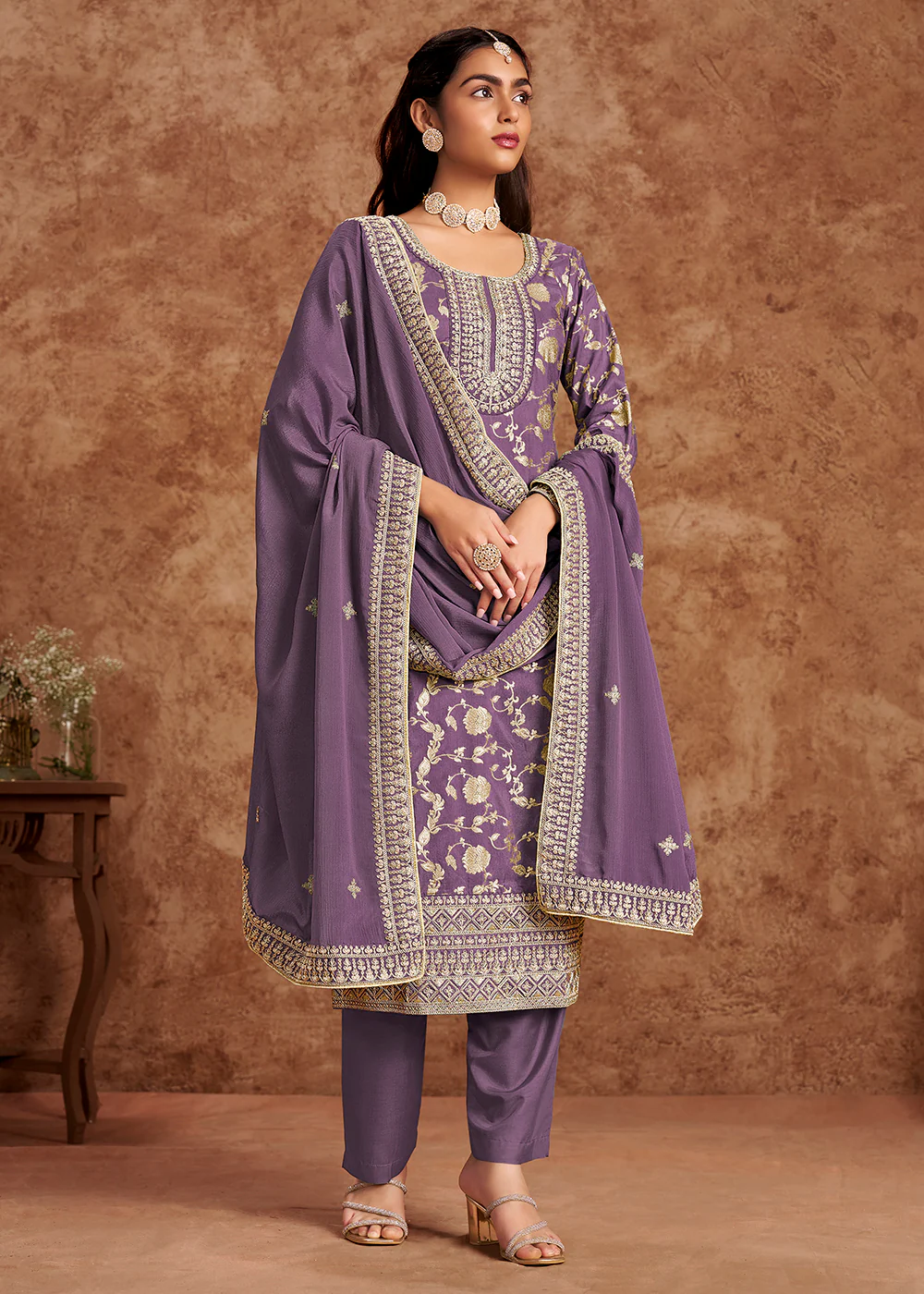 Purple Dola Silk Jacquard Festive Salwar Kameez - Image 3
