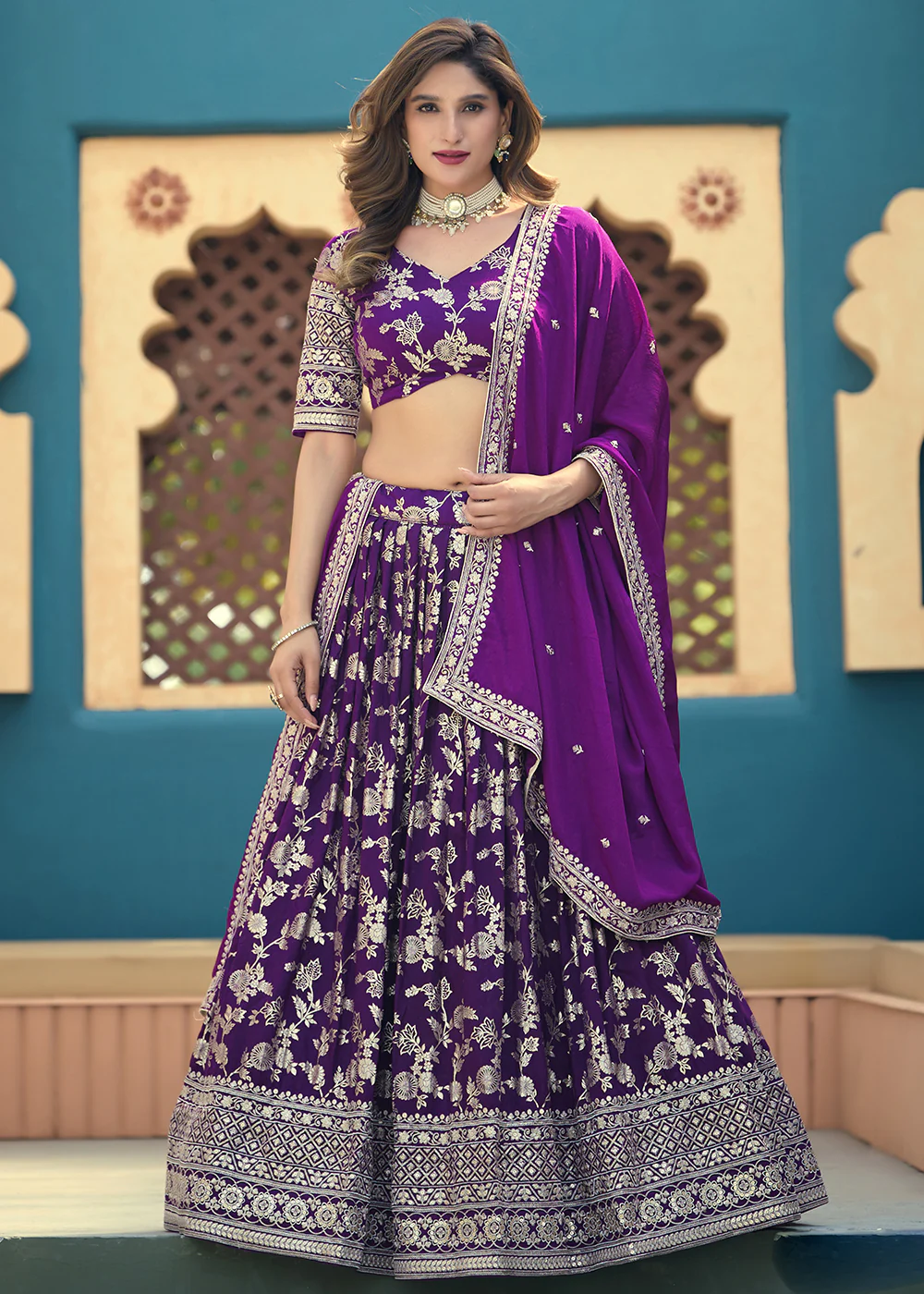 Purple Dola Silk Jacquard Wedding Festive Lehenga