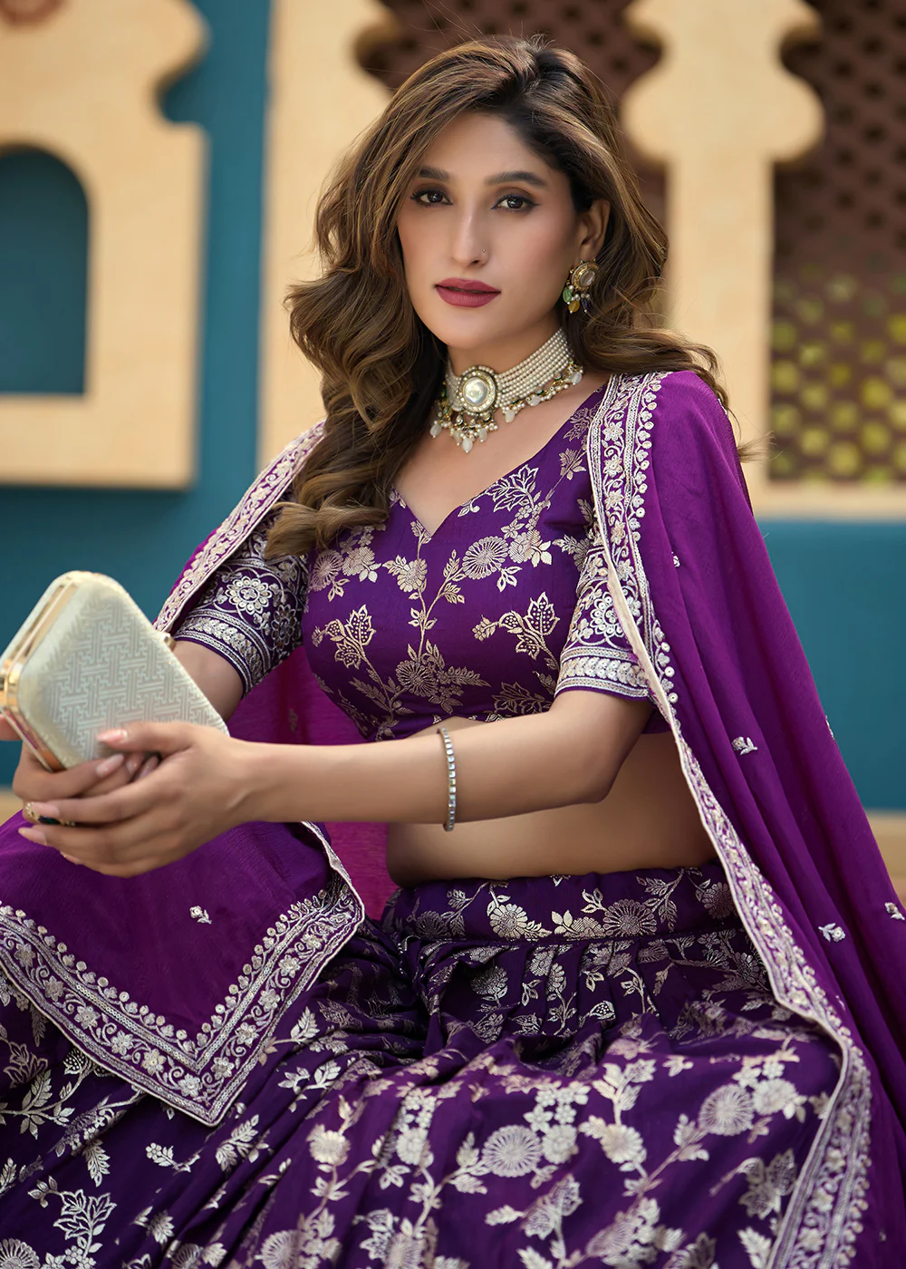 Purple Dola Silk Jacquard Wedding Festive Lehenga - Image 2