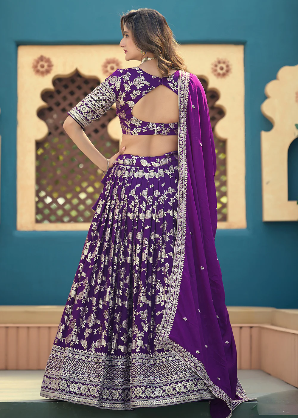 Purple Dola Silk Jacquard Wedding Festive Lehenga - Image 3