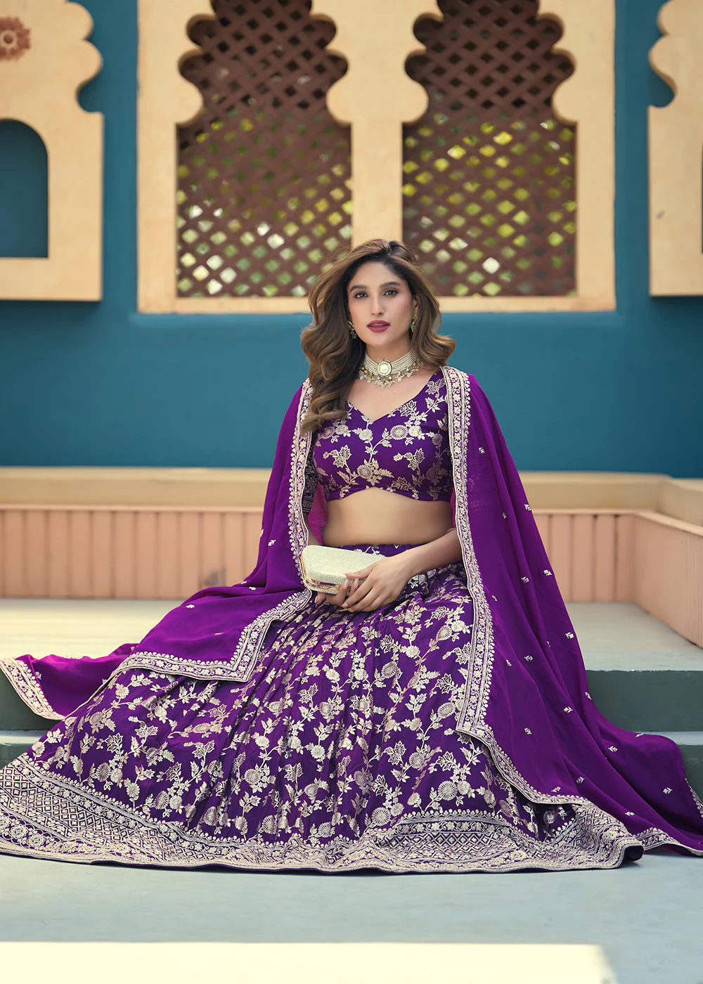 Purple Dola Silk Jacquard Wedding Festive Lehenga - Image 4