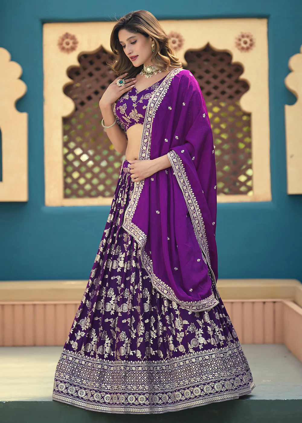Purple Dola Silk Jacquard Wedding Festive Lehenga - Image 6