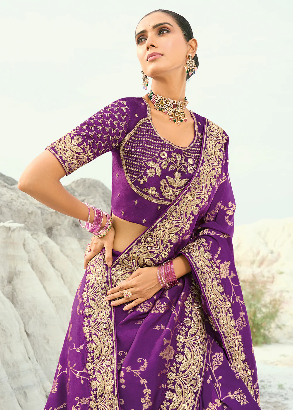 Purple Dola Viscose Traditional Embroidered Saree - Image 2