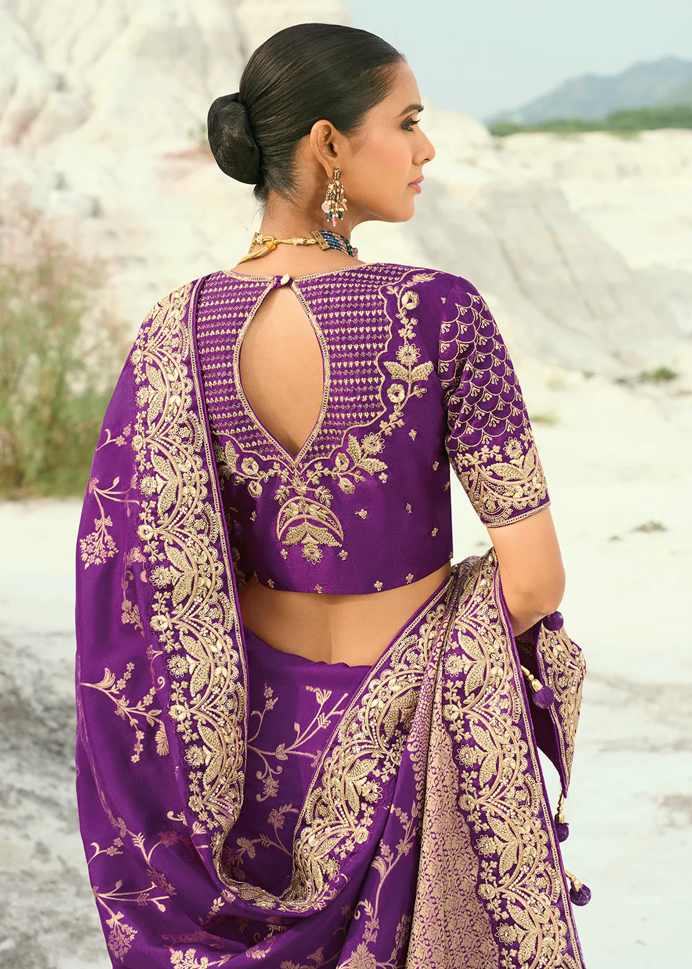 Purple Dola Viscose Traditional Embroidered Saree - Image 3