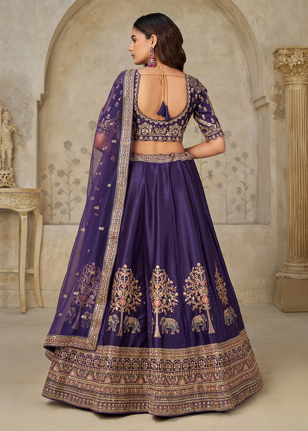 Purple Elephant Zari Embroidered Bridal Lehenga Choli - Image 3